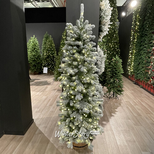 Пристенная искусственная елка с лампочками Шеффилд заснеженная 183 см, 250 теплых белых LED ламп, ЛИТАЯ + ПВХ (National Tree Company)