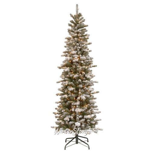 Искусственная елка с гирляндой Шеффилд заснеженная стройная 228 см, 450 теплых белых ламп, ЛИТАЯ + ПВХ (National Tree Company)