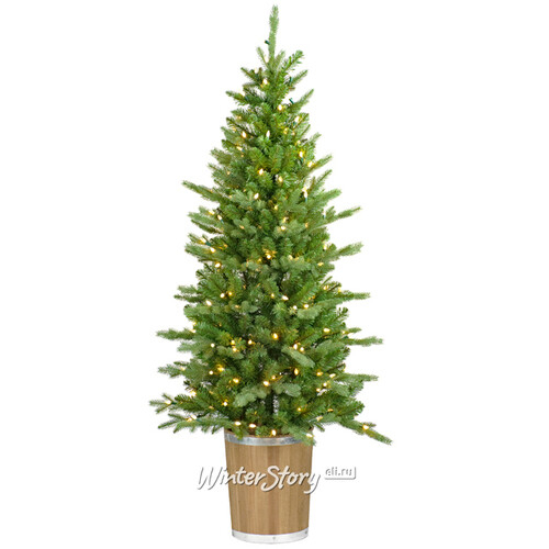 Искусственная елка с гирляндой Виндзор 167 см в деревянном кашпо, 200 теплых белых ламп, ЛИТАЯ + ПВХ (A Perfect Christmas)