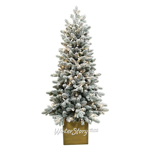 Искусственная елка с гирляндой Норфолк заснеженная 137 см в деревянном кашпо, 200 теплых белых ламп, ЛИТАЯ + ПВХ (A Perfect Christmas)
