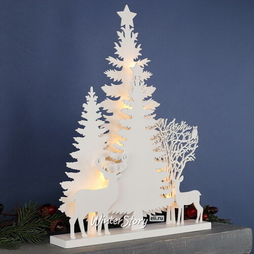 Деревянная светящаяся елка Снежная Красавица 40*30 см на батарейках, 12 LED ламп (Kaemingk)