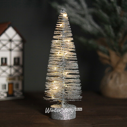 Декоративная светящаяся елочка Chelsea Silver 26 см, 15 теплых белых мини LED ламп, на батарейках (Kaemingk)