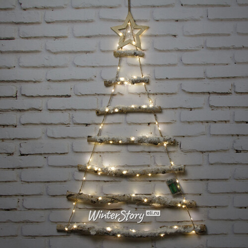 Настенная елка из палок Woodmere 90 см, 90 теплых белых мини LED ламп, на батарейках (Kaemingk)