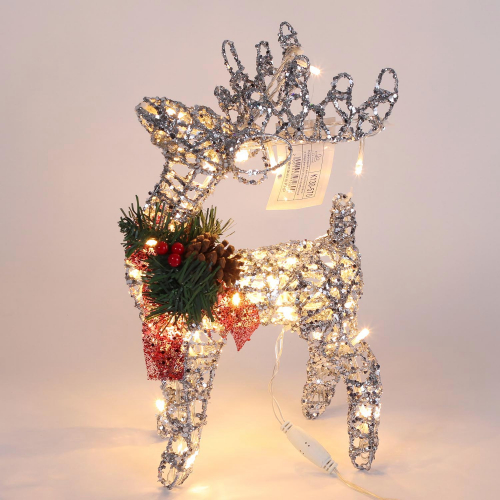 Новогодняя декорация олень с подсветкой 30 см серебряный