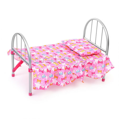 Кроватка для кукол, металлическая, со спальным комплектом, цвет медвежата на розовом