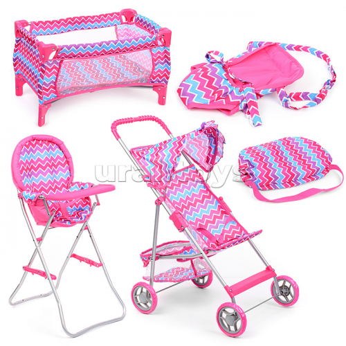 Набор аксессуаров для кукол (стульчик для кормления, коляска, кроватка, сумка), цвет розовый зигзаг