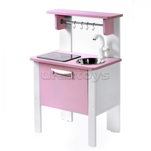 Детская кухня, Элегантс с интерактивной плитой (со светом, звуком) белый корпус, белый корпус, розовые фасады