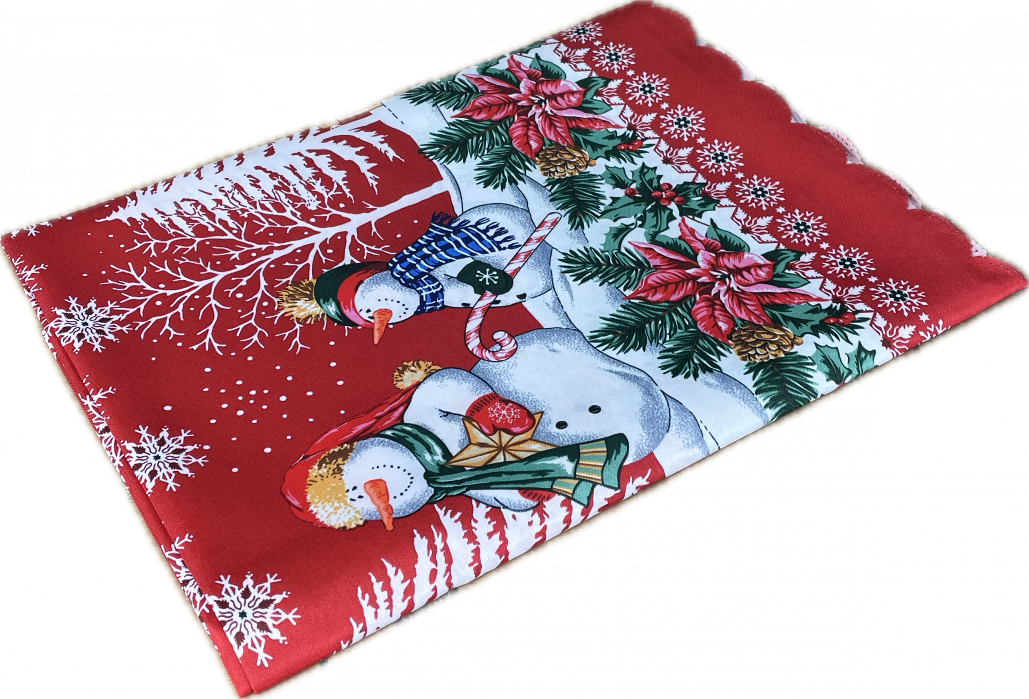 Скатерть тефлоновая 1960 С НОВЫМ ГОДОМ СНЕГОВИЧКИ В ЛЕСУ - красный