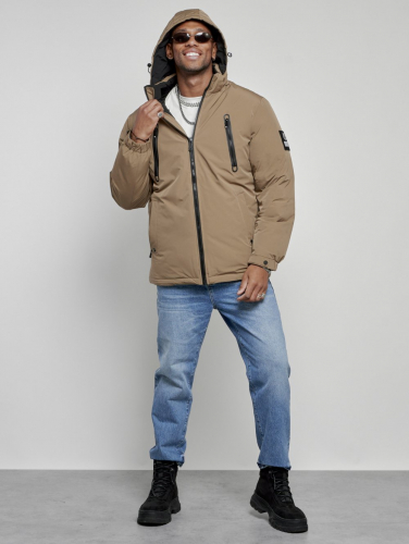 Куртка спортивная мужская зимняя с капюшоном бежевого цвета 8360B