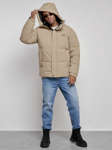 Куртка молодежная мужская зимняя с капюшоном бежевого цвета 8356B