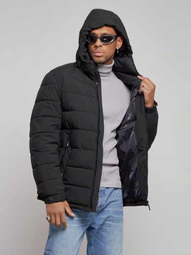 Куртка спортивная мужская зимняя с капюшоном черного цвета 8357Ch