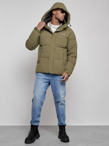 Куртка молодежная мужская зимняя с капюшоном цвета хаки 8356Kh