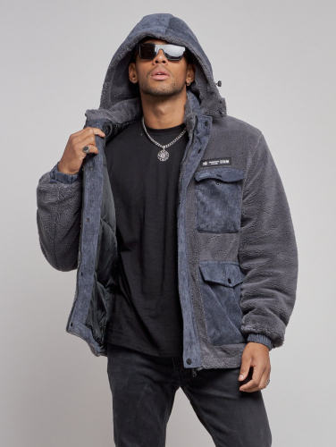 Плюшевая куртка мужская с капюшоном молодежная серого цвета 88636Sr