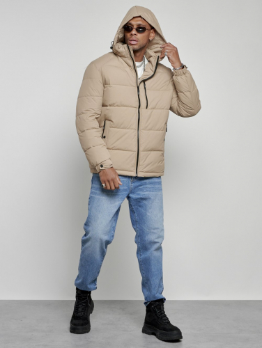 Куртка спортивная мужская зимняя с капюшоном бежевого цвета 8362B