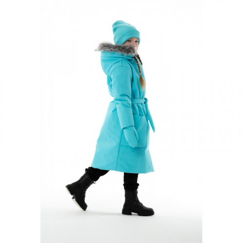 Зимнее пальто Wind расцветка бирюза, в комплекте краги и шапка