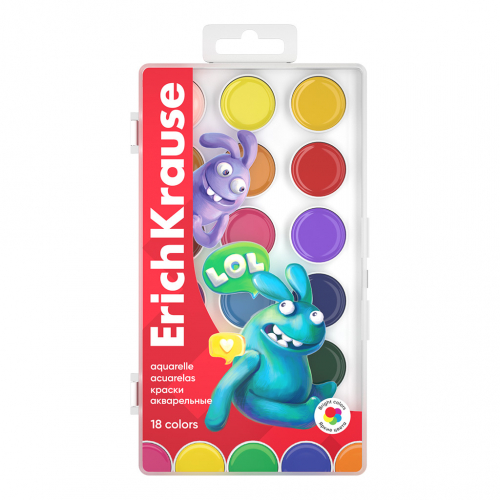 Краски акварельные ErichKrause Jolly Friends 18 цветов (в пластиковой коробке с европодвесом)