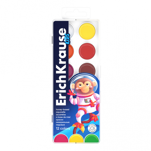 Краски акварельные ErichKrause Kids Space Animals медовые с УФ защитой яркости 12 цветов (в пластиковой коробке с европодвесом)