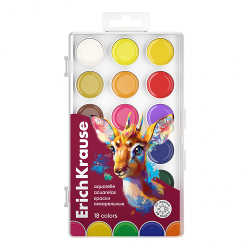 Краски акварельные ErichKrause Safari с УФ защитой яркости 18 цветов (в пластиковой коробке с европодвесом)