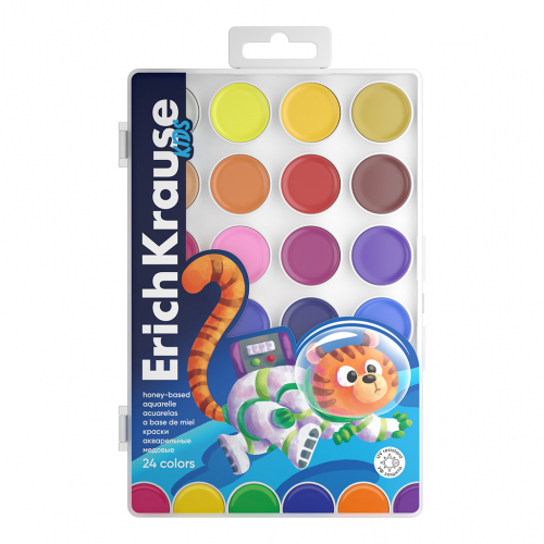 Краски акварельные ErichKrause Kids Space Animals медовые с УФ защитой яркости 24 цвета (в пластиковой коробке с европодвесом)