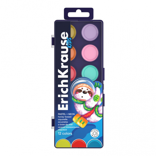 Краски акварельные ErichKrause Kids Space Animals Neon+Pastel медовые с УФ защитой яркости 12 цветов (в пластиковой коробке с европодвесом)