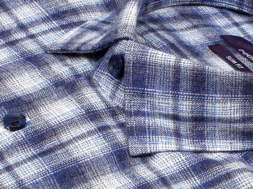 Байковая синяя приталенная мужская рубашка Poggino 7017-17 в клетку с длинными рукавами