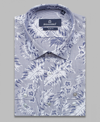 Синяя приталенная мужская рубашка Poggino 5010-35 в листьях с длинным рукавом