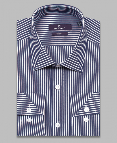 Темно-синяя приталенная мужская рубашка Poggino 7013-63 в полоску с длинными рукавами