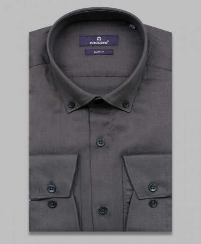 Графитовая приталенная мужская рубашка меланж Poggino 7015-44 с длинным рукавом