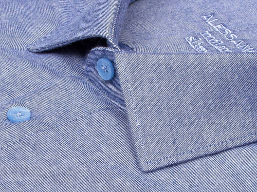 Байковая синяя приталенная мужская рубашка Alessandro Milano 3210-06S меланж с длинными рукавами