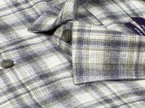 Байковая серо-зеленая приталенная мужская рубашка Poggino 7017-16 в клетку с длинными рукавами