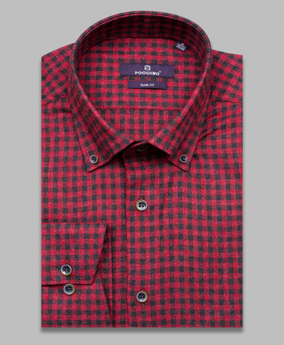 Байковая бордовая приталенная мужская рубашка Poggino 7017-61 в клетку с длинными рукавами