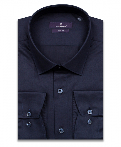 Темно-синяя приталенная мужская рубашка Poggino 7014-29 с длинными рукавами