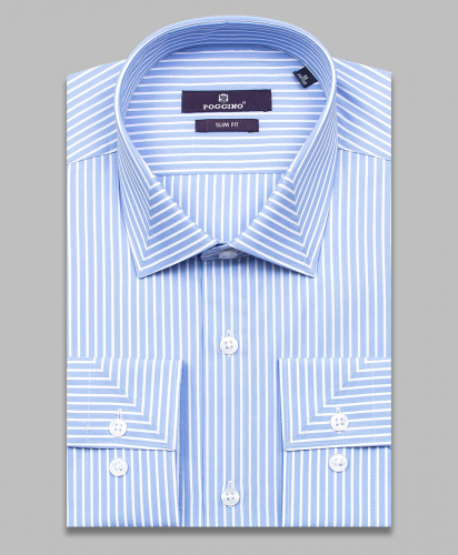 Голубая приталенная мужская рубашка Poggino 7013-60 в полоску с длинными рукавами