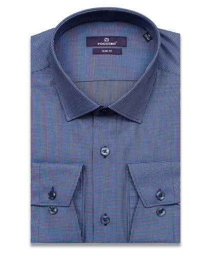Синяя приталенная мужская рубашка Poggino 7014-32 в клетку с длинными рукавами