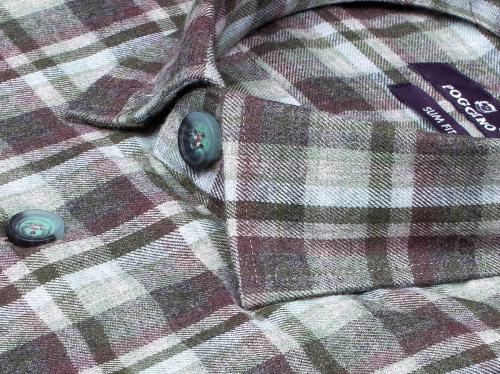 Байковая зеленая приталенная мужская рубашка Poggino 7014-46 в клетку с длинными рукавами