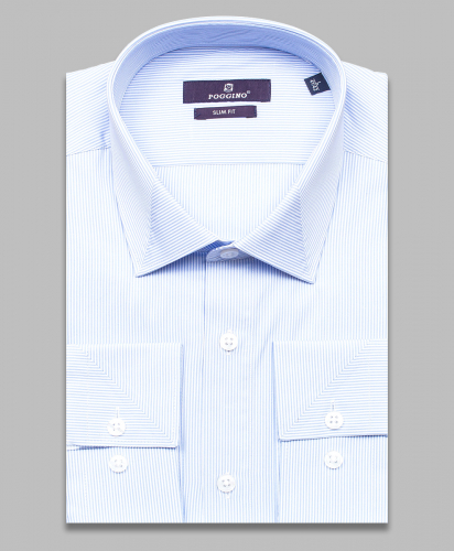 Голубая приталенная мужская рубашка Poggino 7013-85 в полоску с длинными рукавами