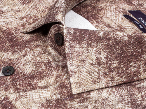 Коричневая приталенная мужская рубашка Poggino 7014-06 в абстракции с длинными рукавами