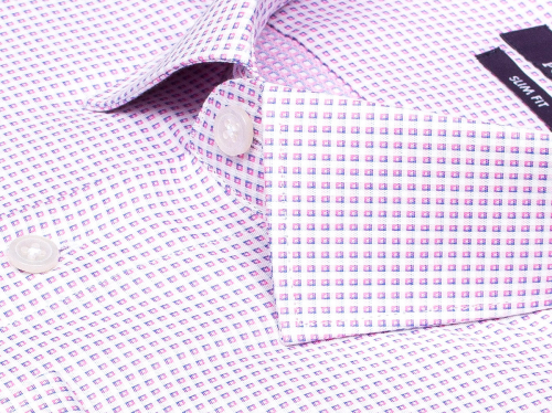 Сиреневая приталенная мужская рубашка Poggino 7014-34 в клетку с длинными рукавами