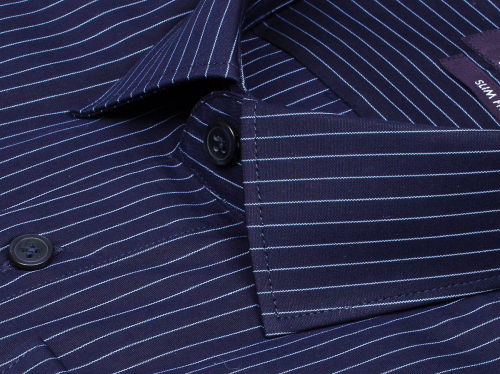 Темно-синяя приталенная мужская рубашка Poggino 7014-36 в полоску с длинными рукавами