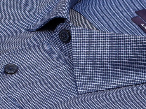 Синяя приталенная мужская рубашка Poggino 7014-32 в клетку с длинными рукавами