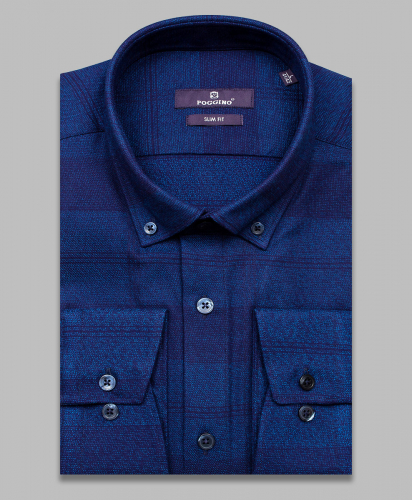 Байковая темно-синяя приталенная мужская рубашка Poggino 7017-04 в клетку с длинными рукавами
