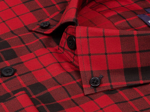 Темно-красная приталенная мужская рубашка Poggino 7017-03 в клетку с длинными рукавами