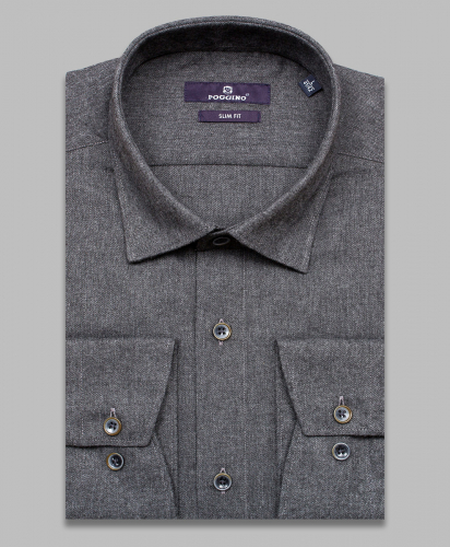 Байковая темно-серая приталенная мужская рубашка Poggino 7014-99 меланж с длинным рукавом
