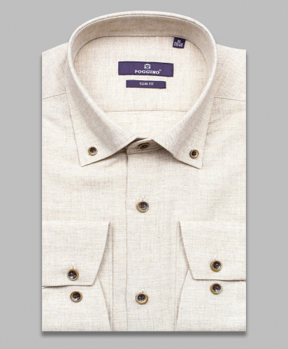 Байковая бежевая приталенная мужская рубашка Poggino 7017-55 с длинными рукавами