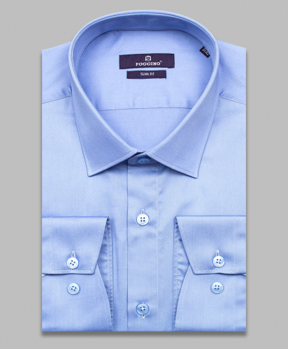 Голубая приталенная мужская рубашка Poggino 7015-37 с длинными рукавами