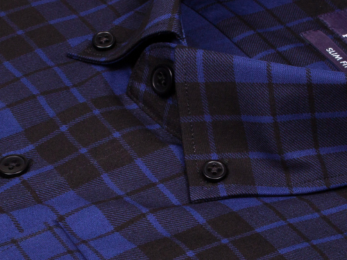Темно-синяя приталенная мужская рубашка Poggino 7017-02 в клетку с длинными рукавами