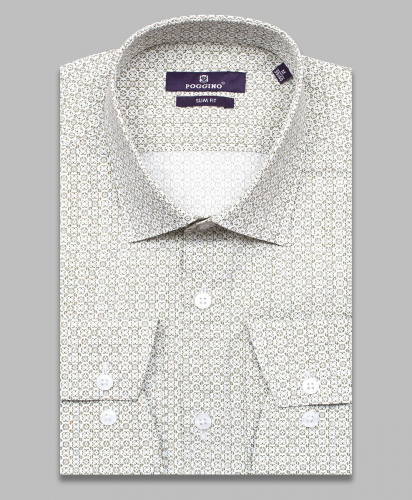 Приталенная мужская рубашка Poggino 7015-04 болотного цвета в узорах с длинными рукавами