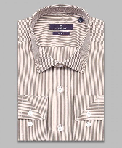 Коричневая приталенная мужская рубашка Poggino 7013-61 в полоску с длинными рукавами