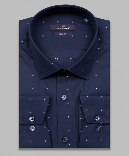 Темно-синяя приталенная мужская рубашка Poggino 7014-01 в узорах с длинными рукавами