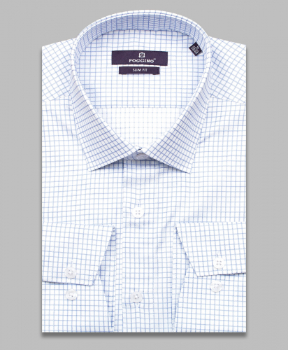 Голубая приталенная мужская рубашка Poggino 7015-31 в клетку с длинными рукавами